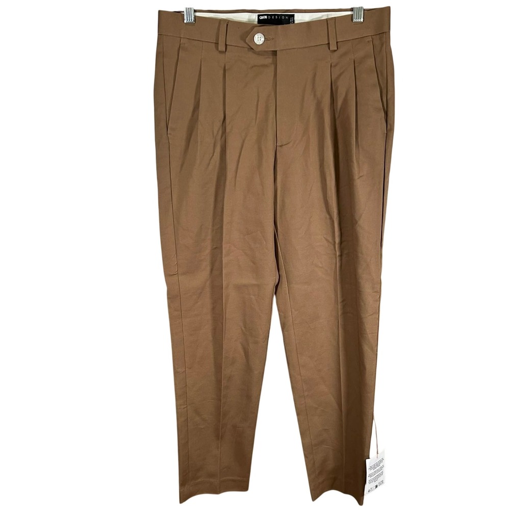 ASOS DESIGN Mens Pleated‎ Tapered Chinos Brown Cotton Stretch W31 L30 New